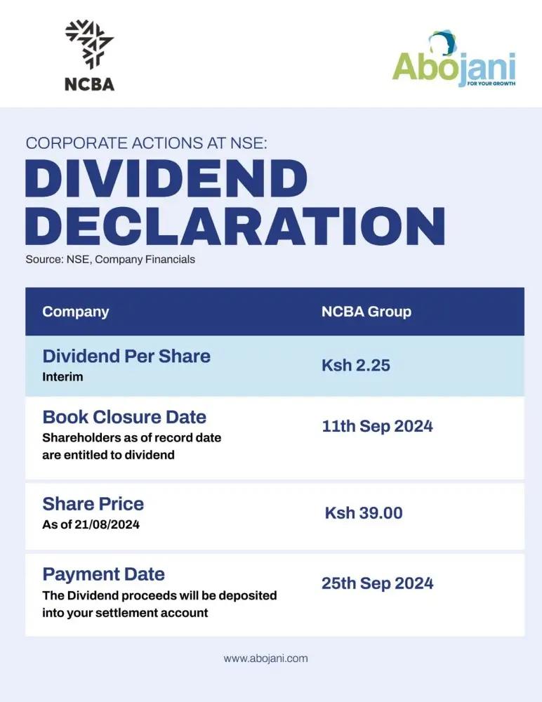 Dividend Declaration - NCBA Group PLC, Corporate Action at NSE, Abojani