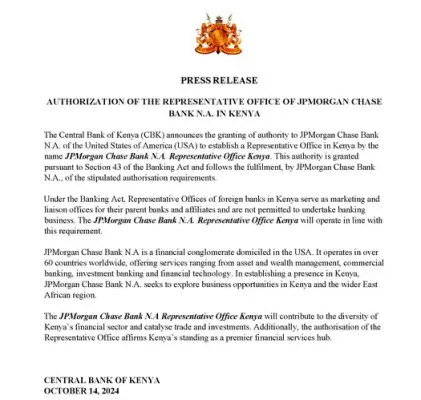 CBKKenya gives Greenlight to one of worlds leading bank JP Morgan Chase Bank