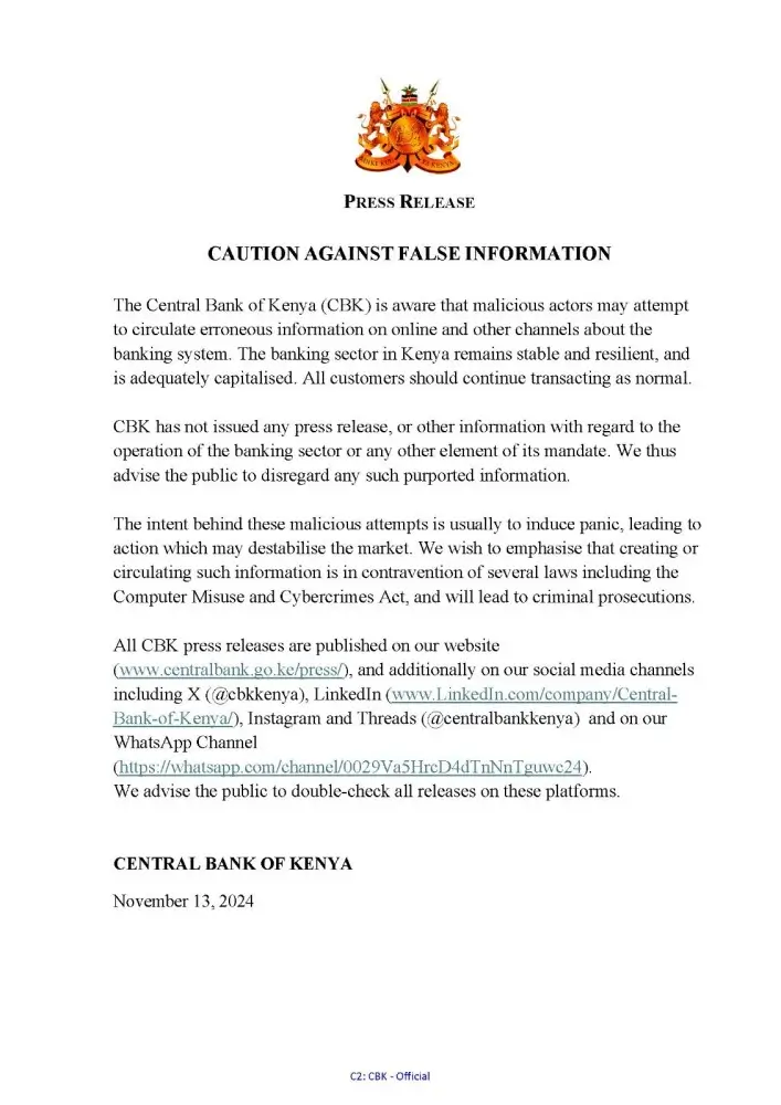 CBK issued a press release this week, addressing attempts by malicious actors to spread false information about the banking sector