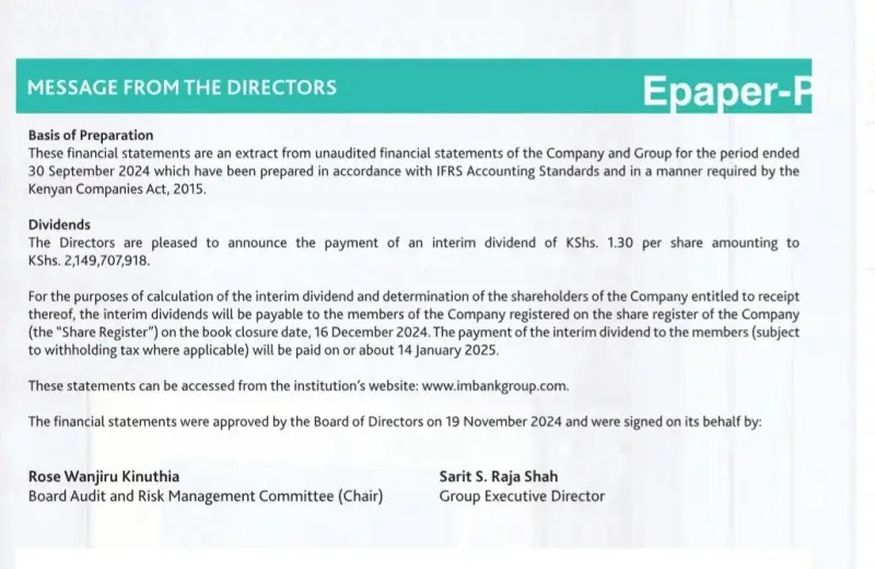 I&M Group declared a rare interim dividend of Ksh1.3 per share