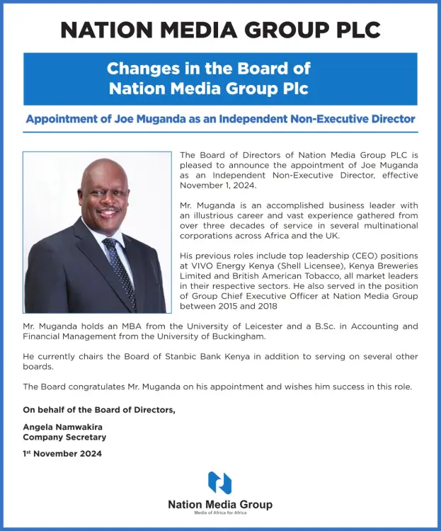 Joe Muganda has joined Nation Media Group PLC as Independent Non-Executive Director