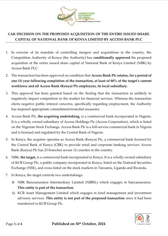 The Competition Authority of Kenya approved Access Bank PLC's acquisition of National Bank of Kenya Limited