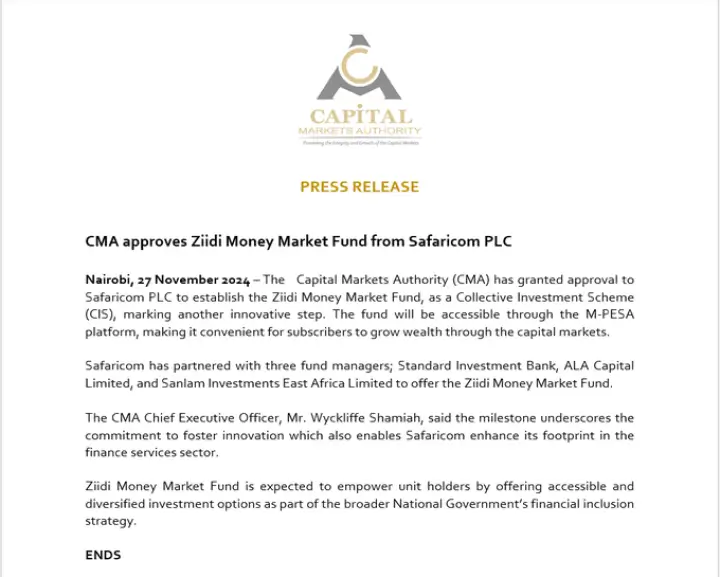 Capital Markets Authority has approved Kenya's largest company, Safaricom, to establish its own Money Market Fund, Ziidi