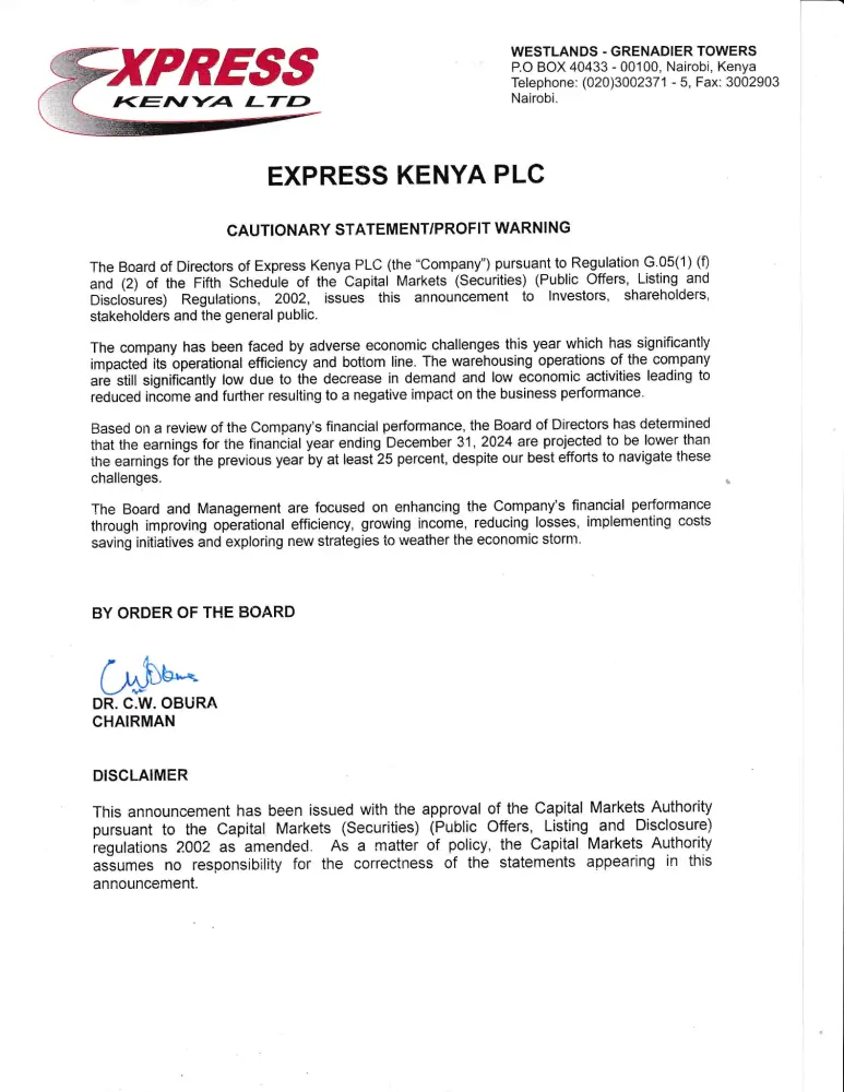 Express Kenya PLC issued a profit warning, projecting a 25 percent drop in earnings for the year ending December 31, 2024