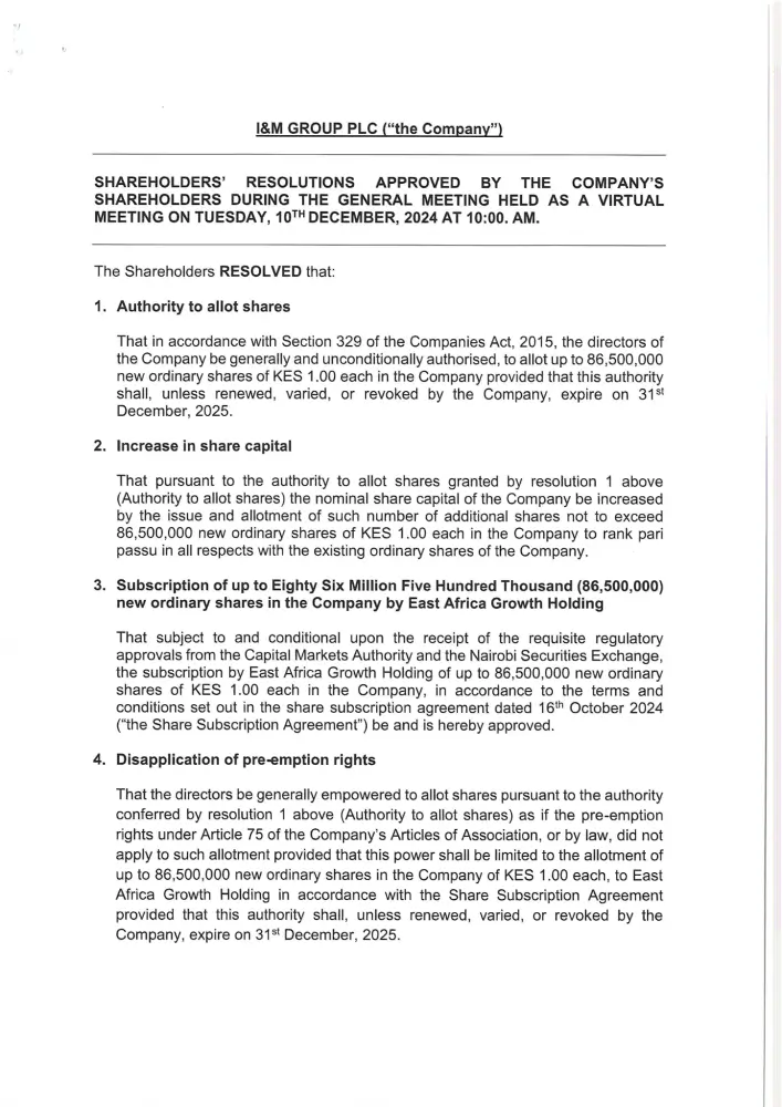 I&M Group Plc shareholders approved the allotment of up to 86.5 million new ordinary shares and an increase in share capital.