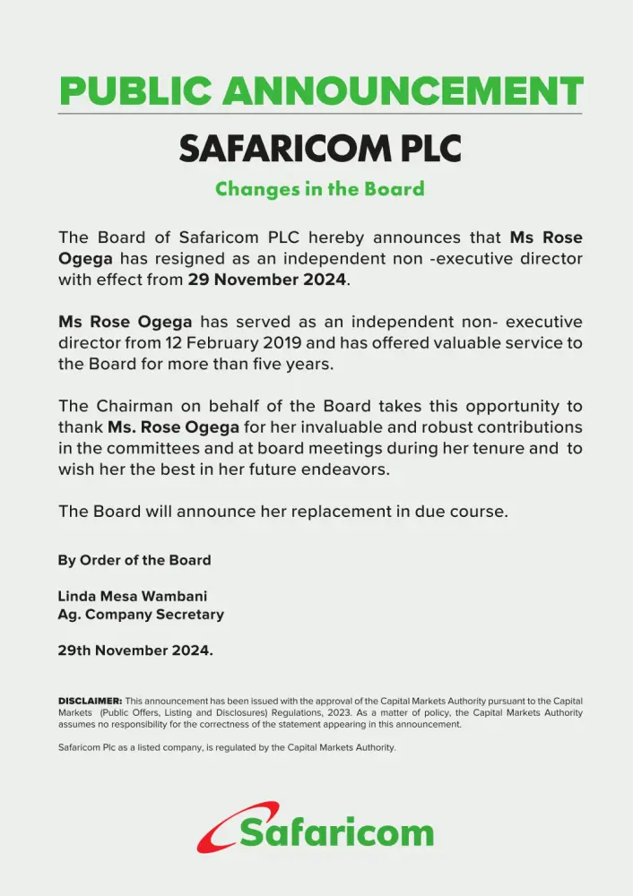 Safaricom PLC has announced that Ms. Rose Ogega has resigned as an independent non-executive director, effective 29 November 2024