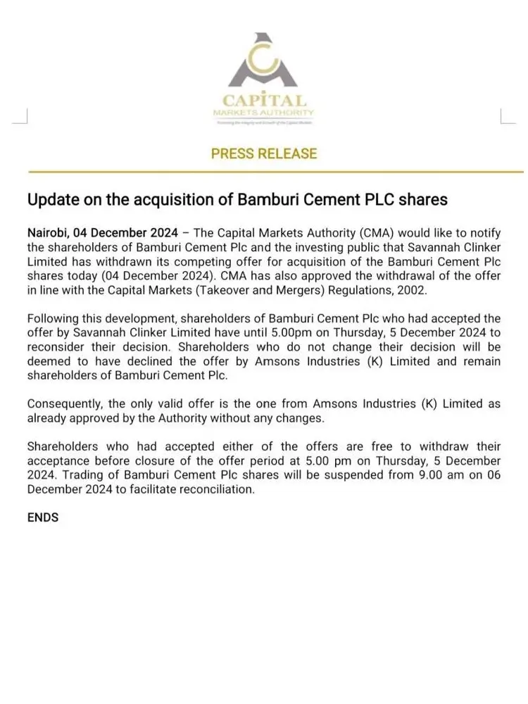 Savannah Clinker Limited withdrew its competing offer for the acquisition of Bamburi Cement PLC shares