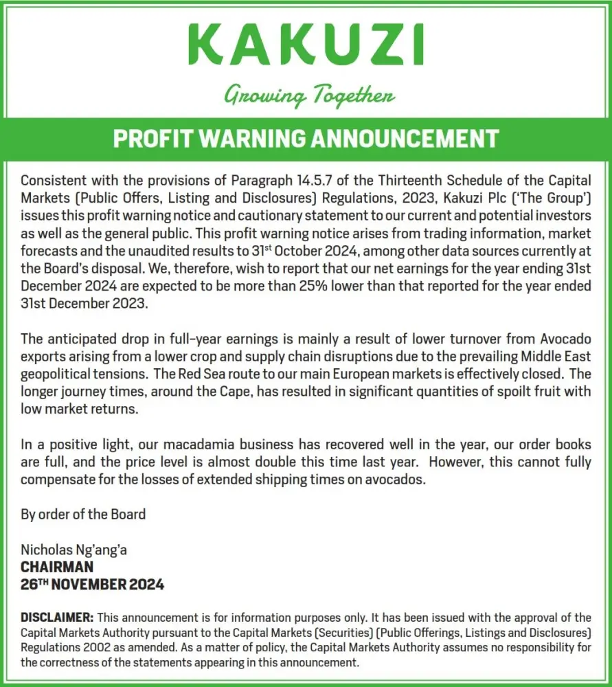 Scan Group cited foreign exchange losses, while Kakuzi pointed to supply chain disruptions caused by prevailing geopolitical tensions in the Middle East