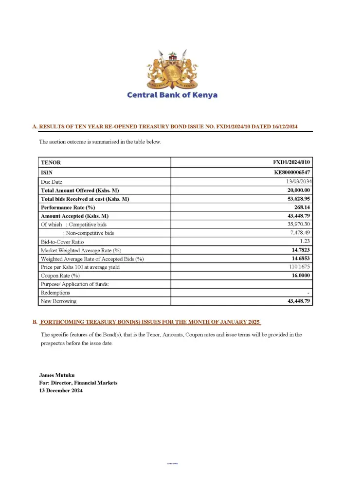 The Central Bank of Kenya had set out to raise Sh 20 billion by reopening the 10-year bond