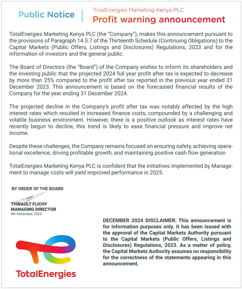 TotalEnergies Marketing Kenya PLC has also joined the list of companies issuing profit warnings