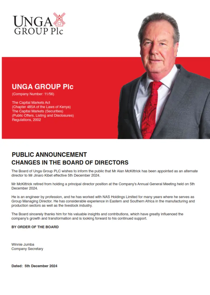 Unga Group PLC has announced the appointment of Alan McKittrick as an alternate director to Mr. Jinaro Kibet.