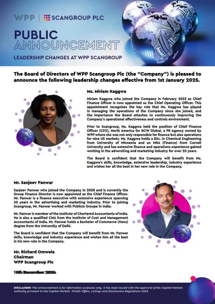 WPP Scangroup Plc appointed Miriam Kaggwa as Chief Operating Officer and Sanjeev Panwar as Chief Finance Officer