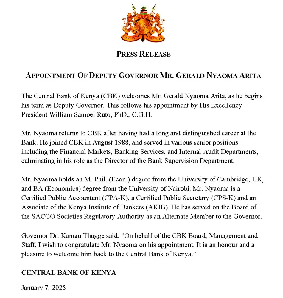 During the week, the Central Bank of Kenya announced the appointment of one Mr. Gerald Nyaoma as Deputy Governor