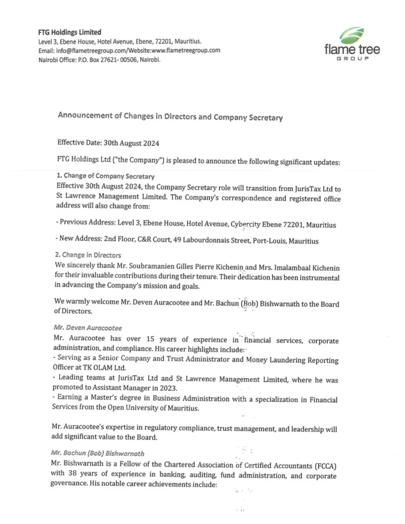 FTG Holdings Ltd announced the appointment of St Lawrence Management Limited as the new Company Secretary, effective 30th August 2024