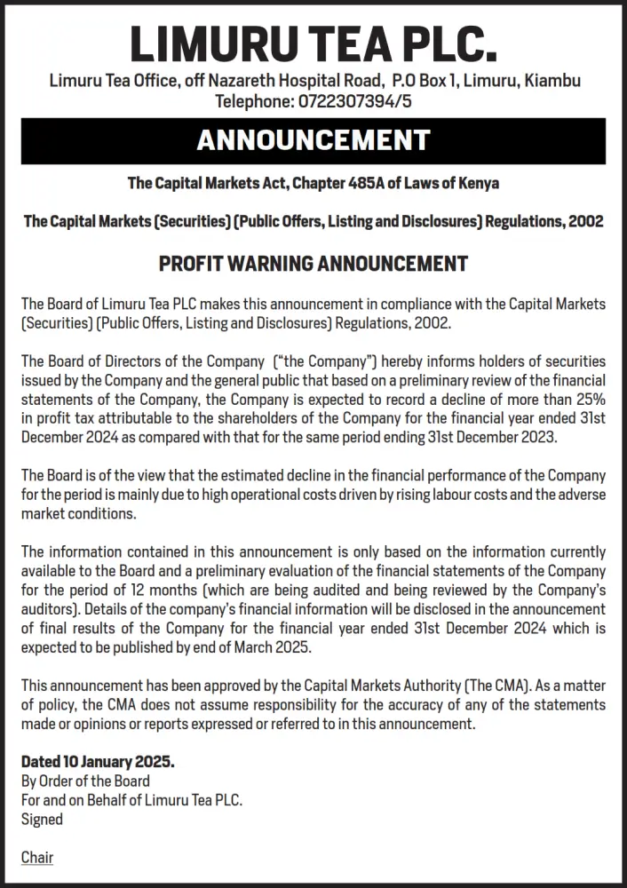 Limuru Tea has issued a profit warning for the financial year ending December 31, 2023, projecting a decline of over 25percent in profits