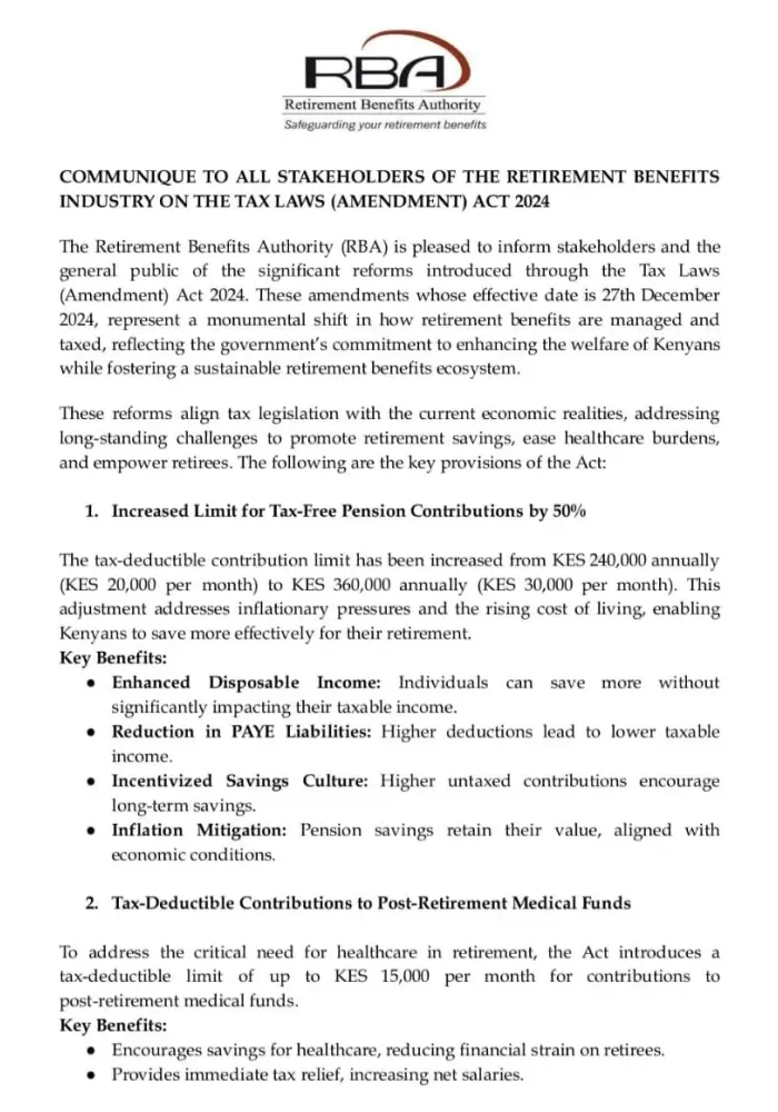 The Retirement Benefits Authority has communicated to all stakeholders of the industry on the Tax Laws Amendment 2024 Page I