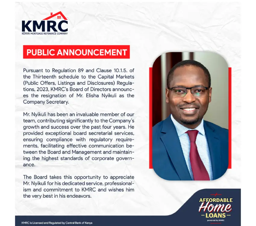 KMRC announced the resignation of the company secretary, Elisha Nyikuli. Mr. Nyikuli served in that role for four years.