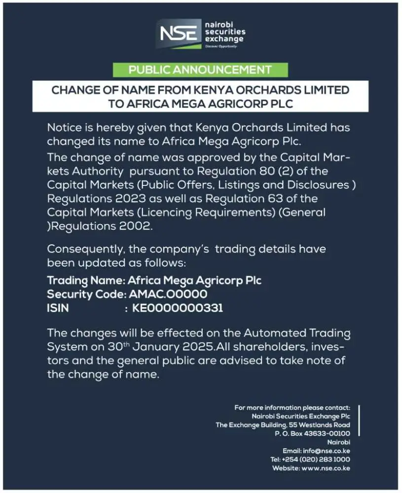 Kenya Orchards Limited officially changed its name to Africa Mega Agricorp Plc