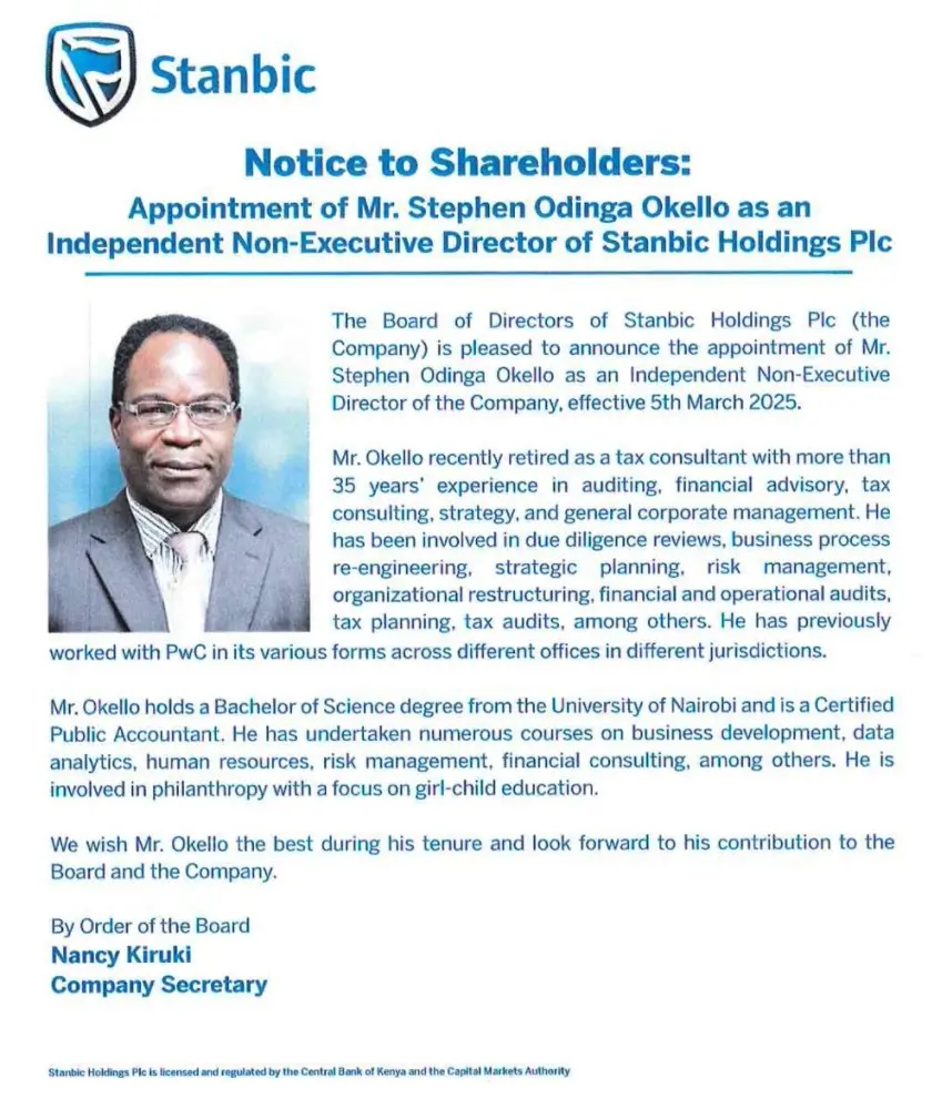 Still on Stanbic Holdings, the group has appointed Mr. Stephen Odinga Okello as an Independent Non-Executive Director